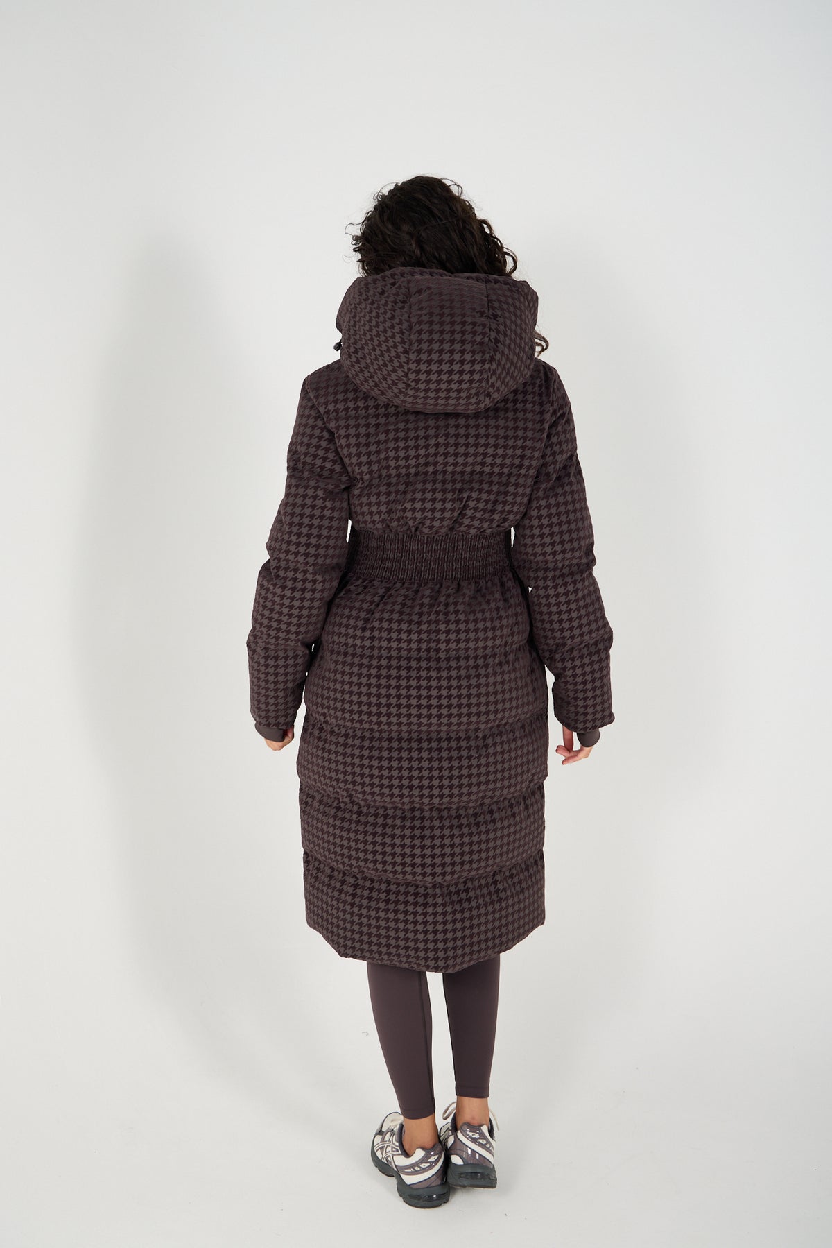 Contour Longline Coffee Houndstooth Puffer Coat