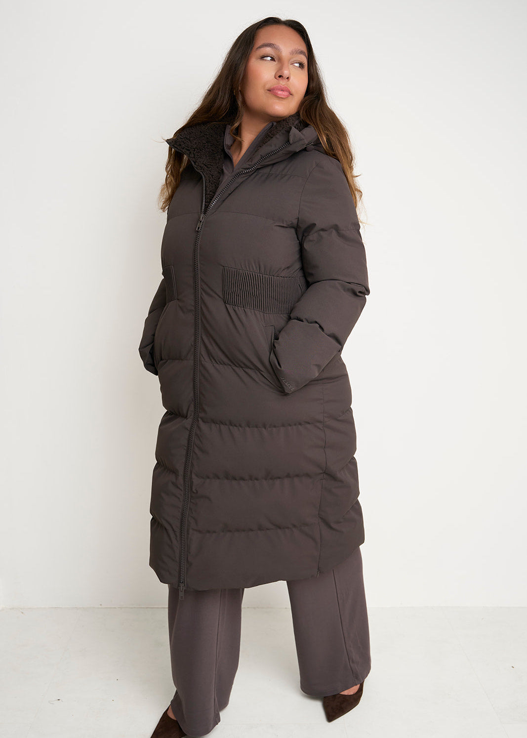 Contour Longline Coffee Puffer Coat