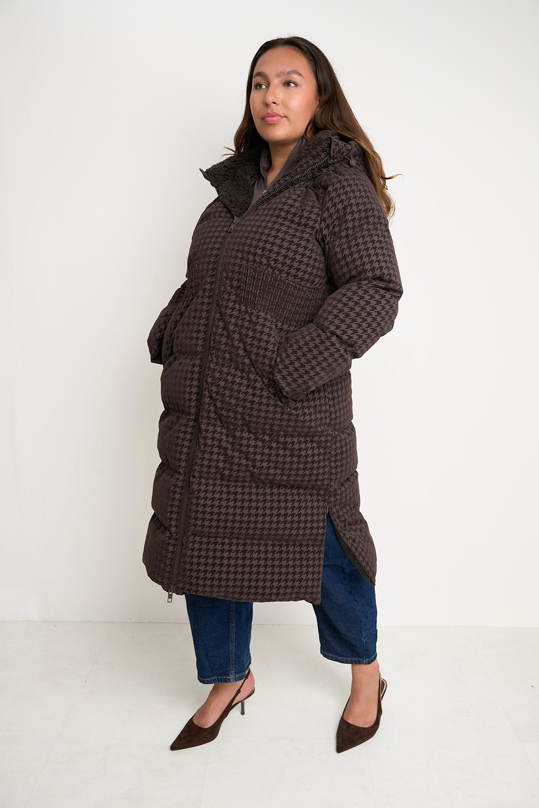 Contour Longline Coffee Houndstooth Puffer Coat