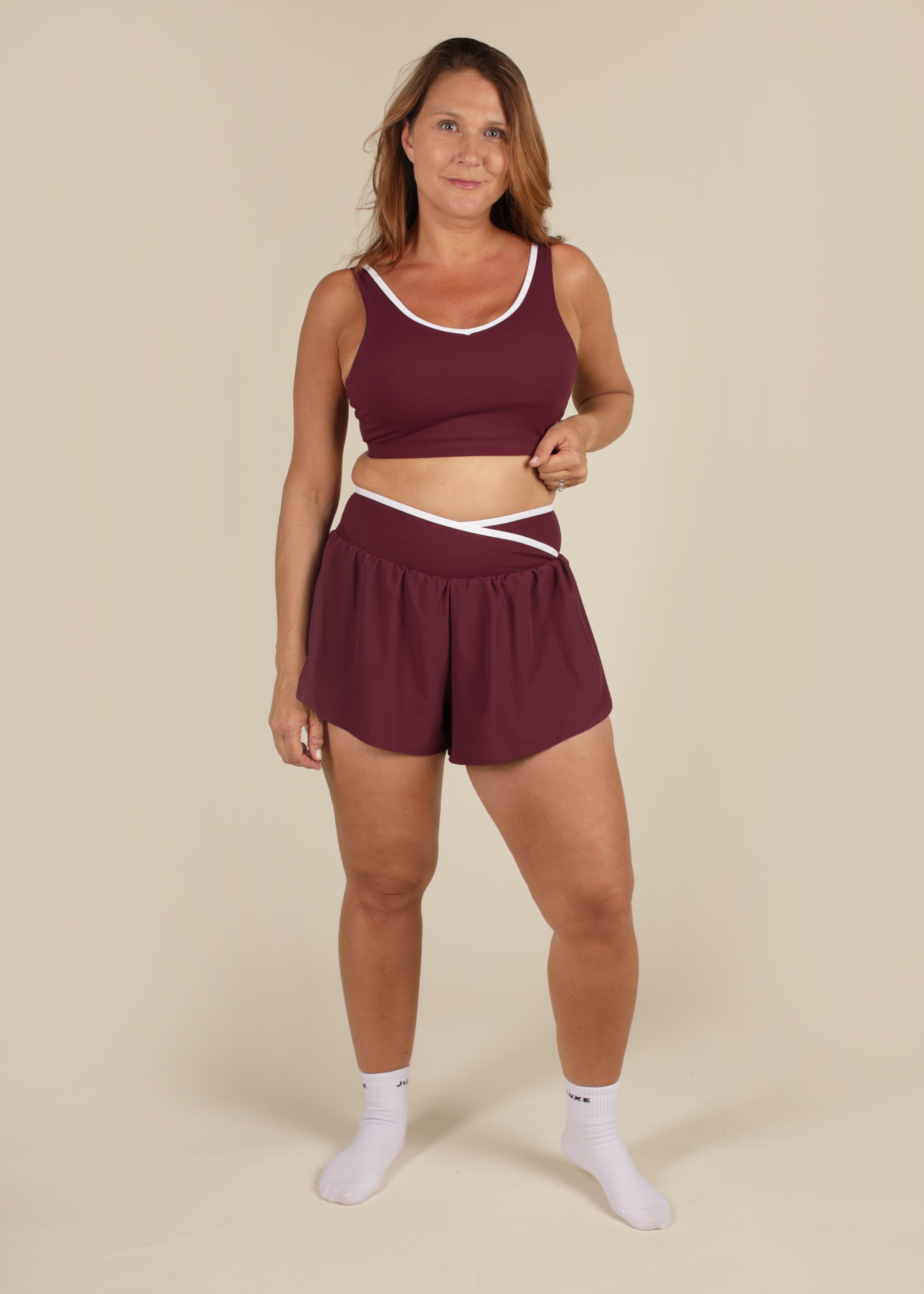 Cloud Luxe Plum Wrap Dual-Layer Shorts