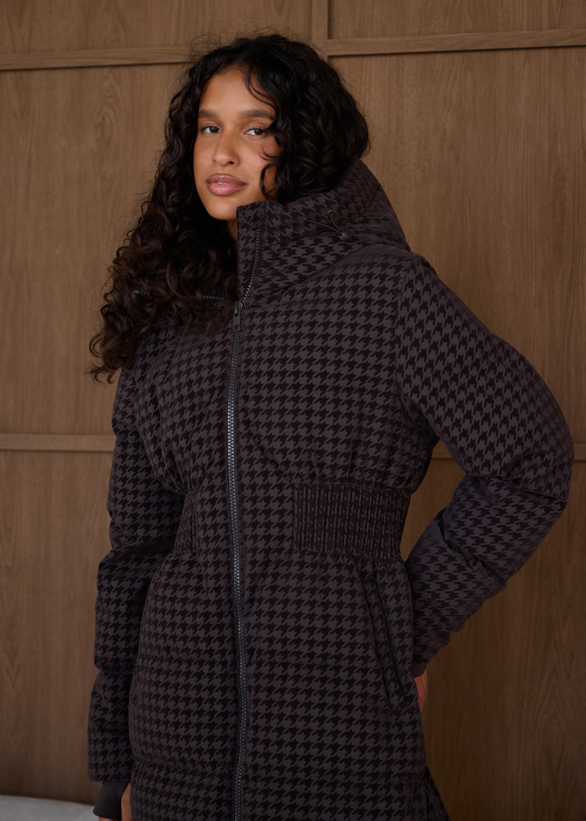 Contour Longline Coffee Houndstooth Puffer Coat