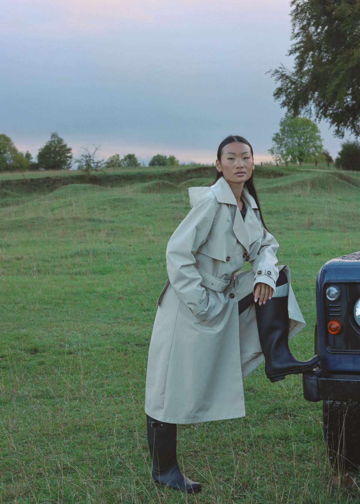 Signature Water-Resistant Hooded Stone Trench Coat