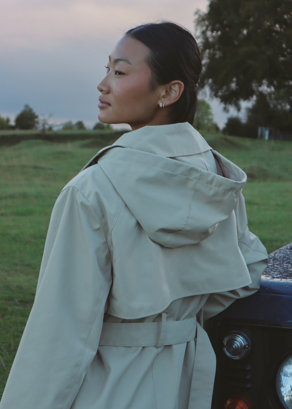 Signature Water-Resistant Hooded Stone Trench Coat