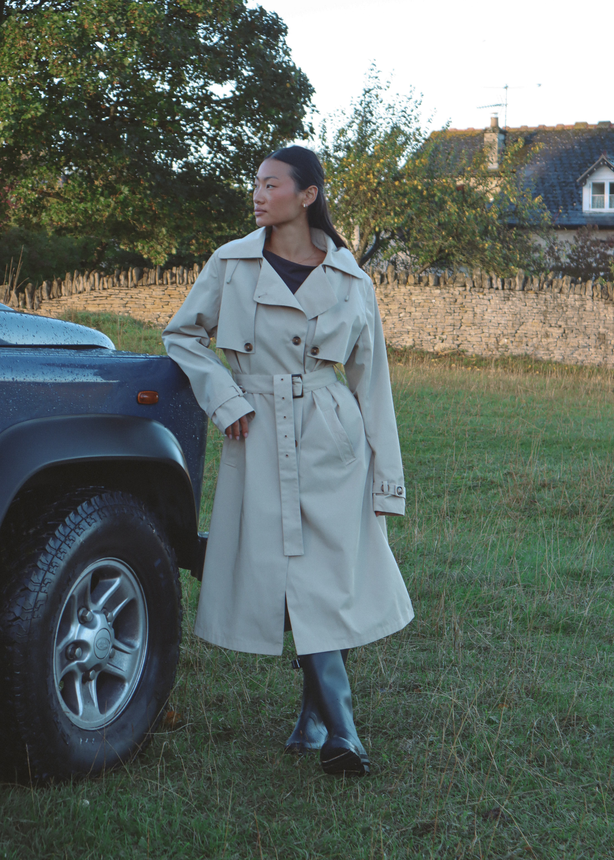 Signature Water-Resistant Hooded Stone Trench Coat