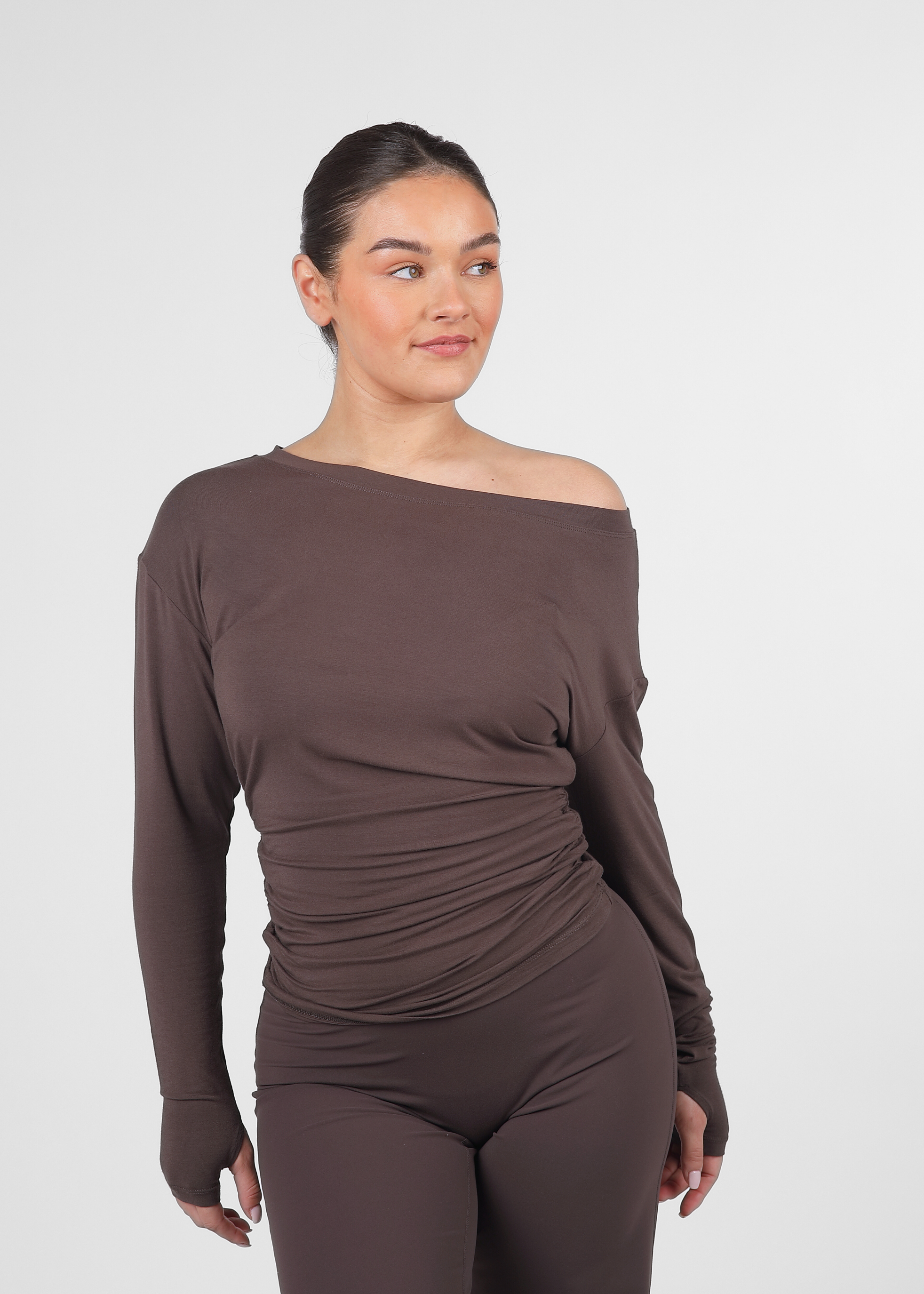 Ultra Soft Mocha Off Shoulder Contour Top