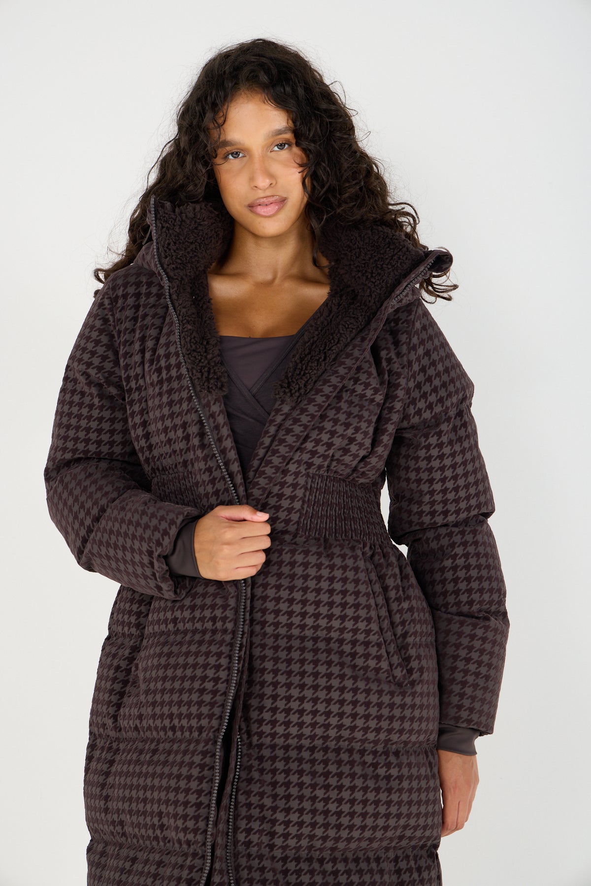 Contour Longline Coffee Houndstooth Puffer Coat