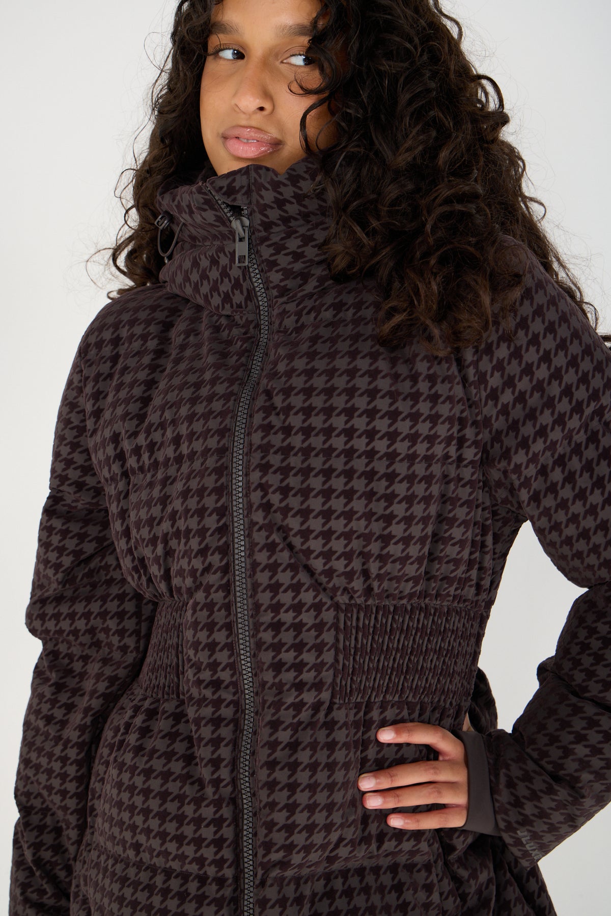Contour Longline Coffee Houndstooth Puffer Coat