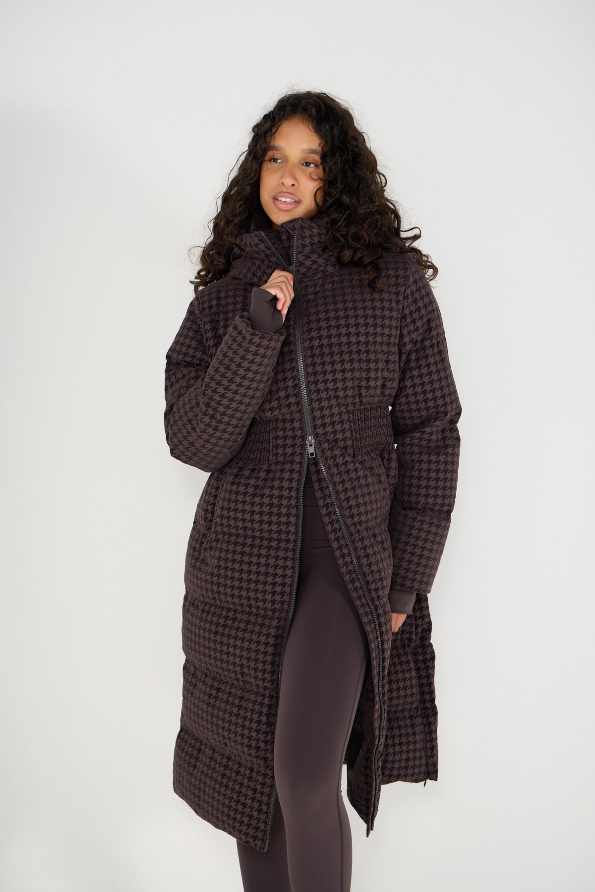Contour Longline Coffee Houndstooth Puffer Coat