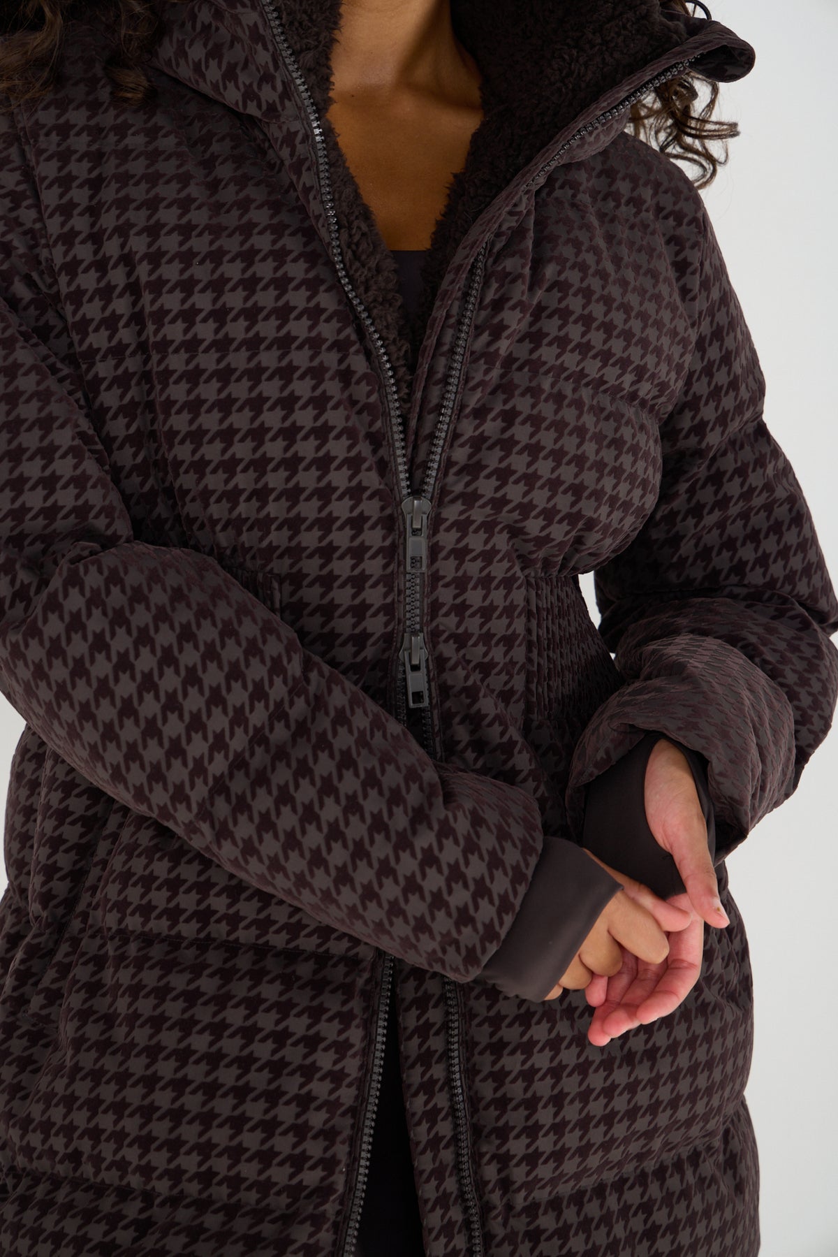 Contour Longline Coffee Houndstooth Puffer Coat