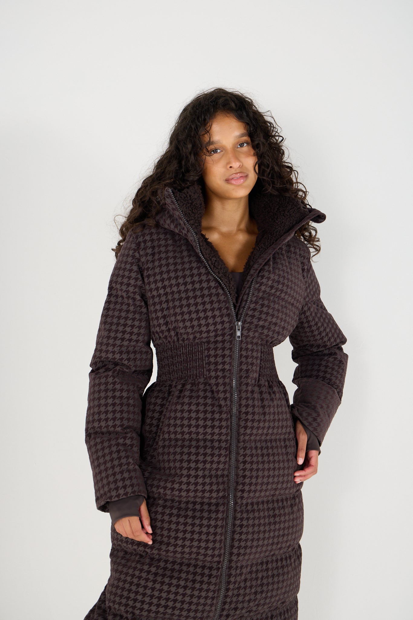 Contour Longline Coffee Houndstooth Puffer Coat