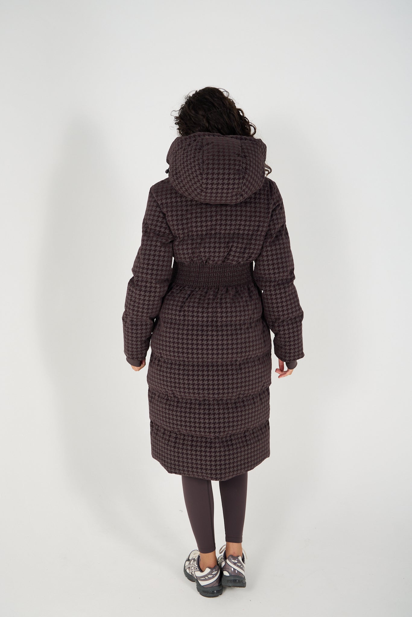 Contour Longline Coffee Houndstooth Puffer Coat