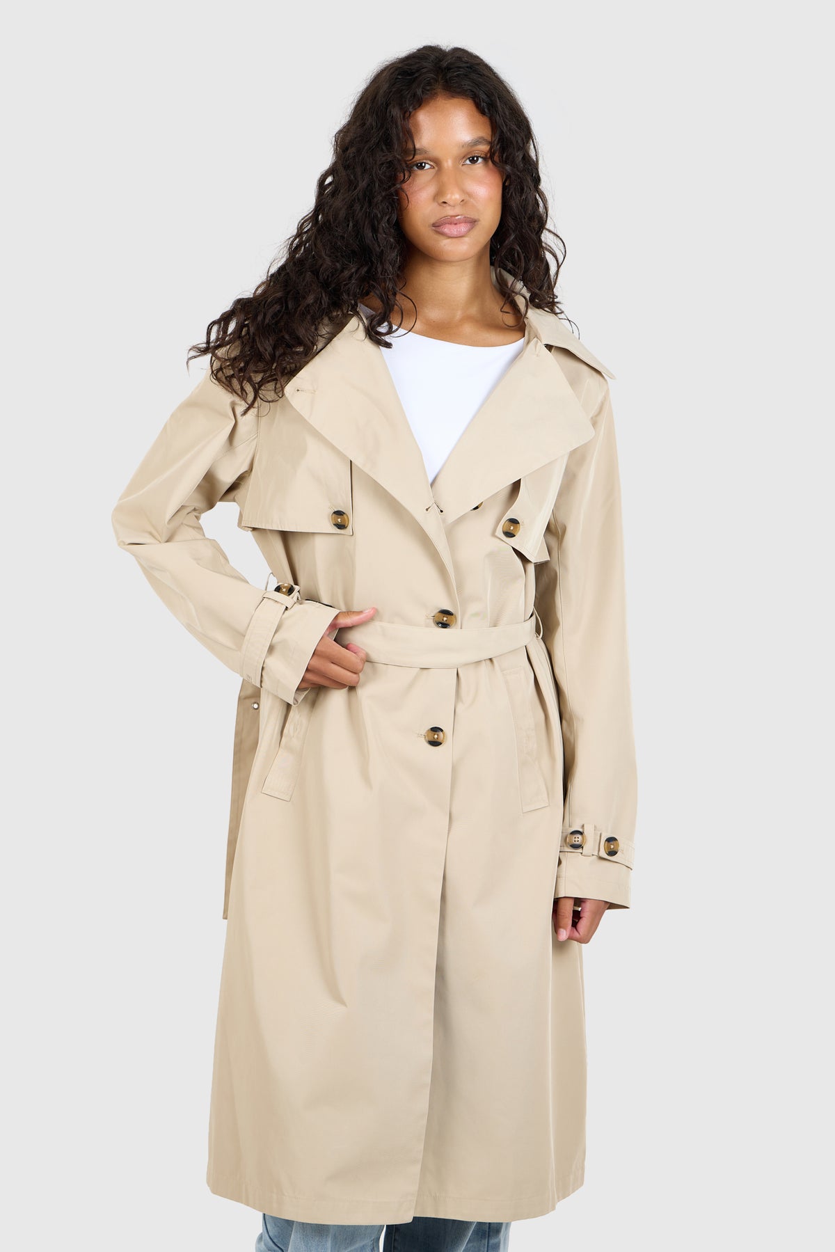 Signature Water-Resistant Hooded Stone Trench Coat