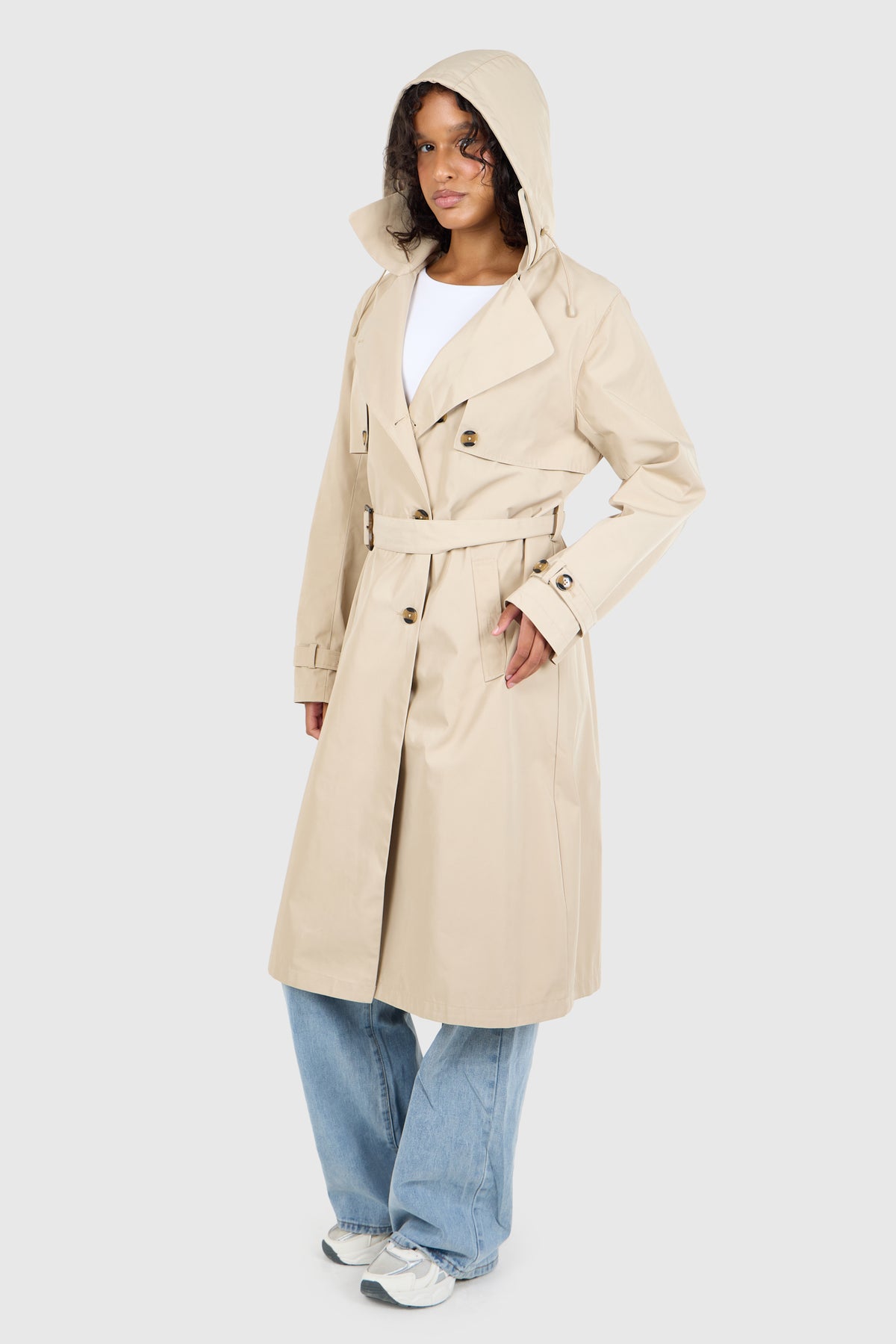 Signature Water-Resistant Hooded Stone Trench Coat