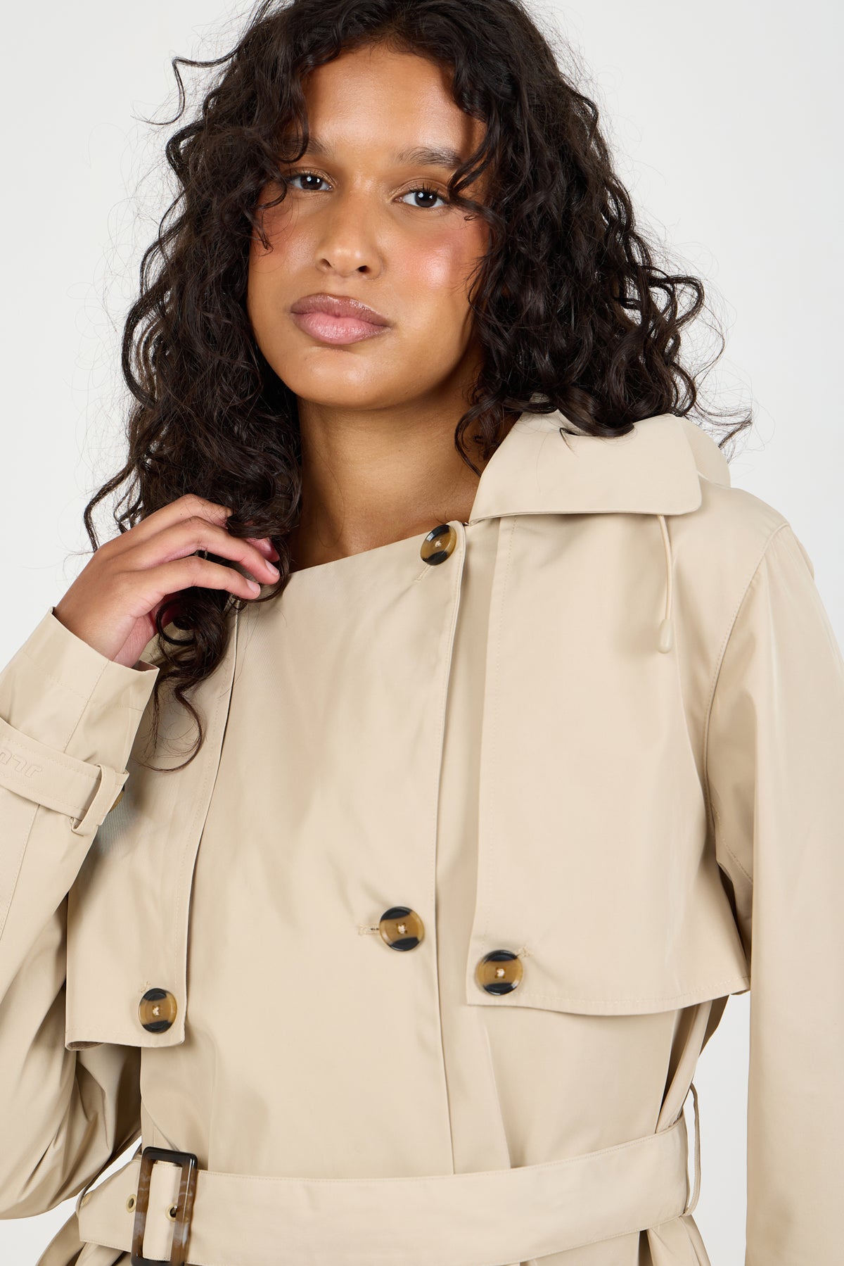 Signature Water-Resistant Hooded Stone Trench Coat