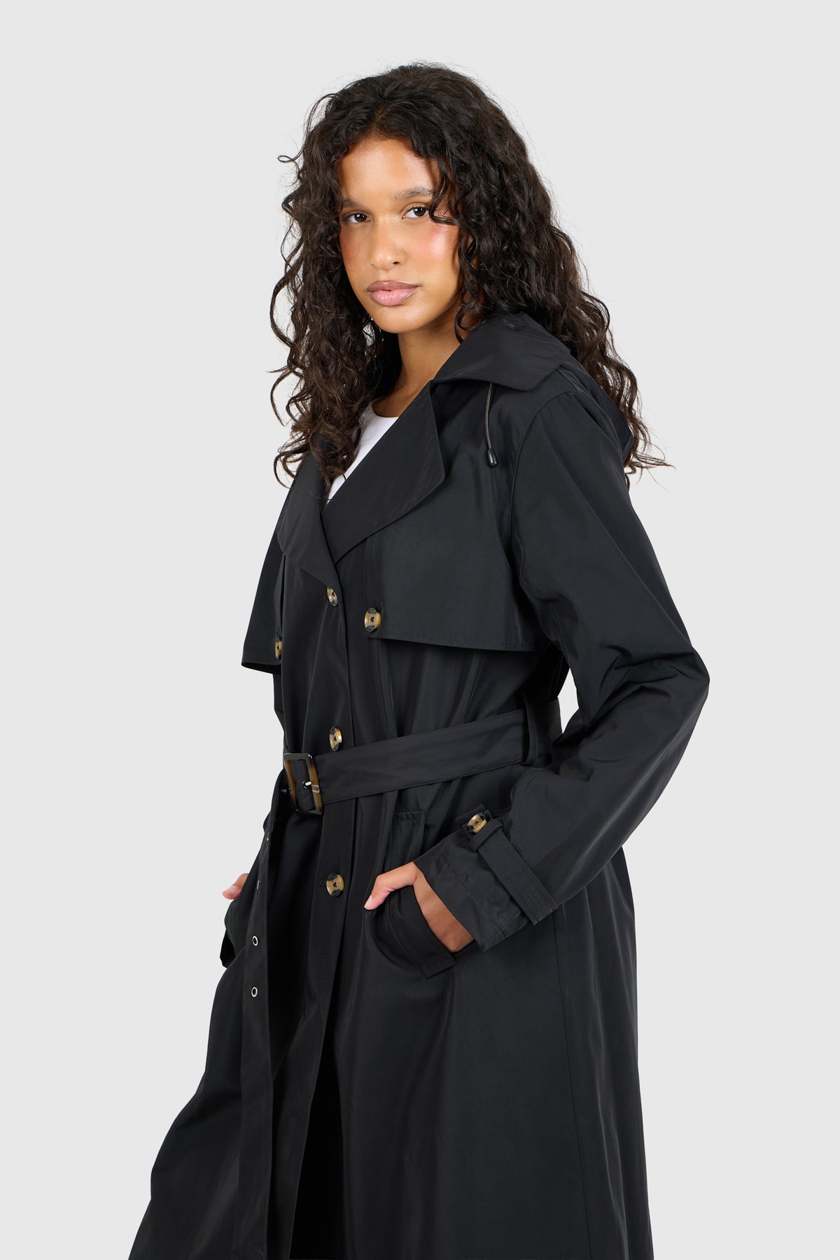 Signature Water-Resistant Hooded Black Trench Coat
