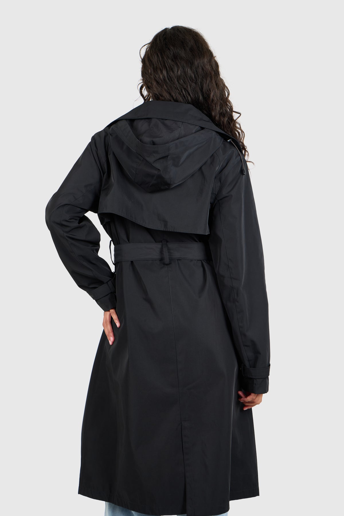 Signature Water-Resistant Hooded Black Trench Coat