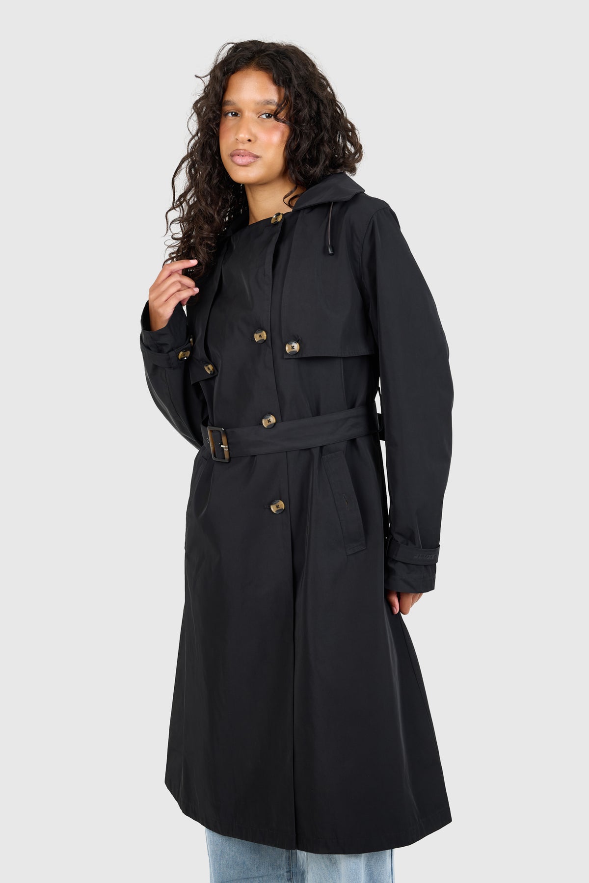 Signature Water-Resistant Hooded Black Trench Coat