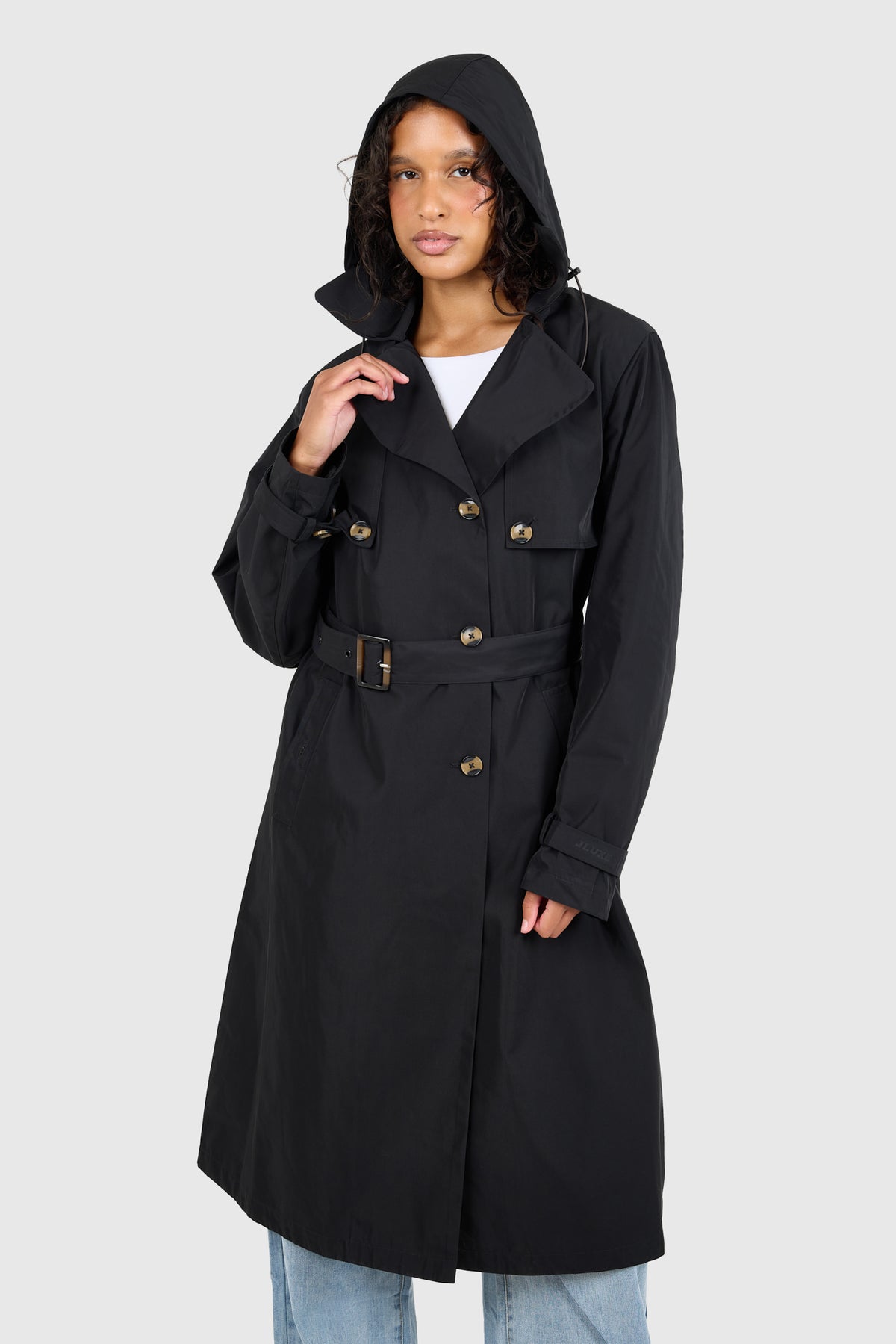 Signature Water-Resistant Hooded Black Trench Coat