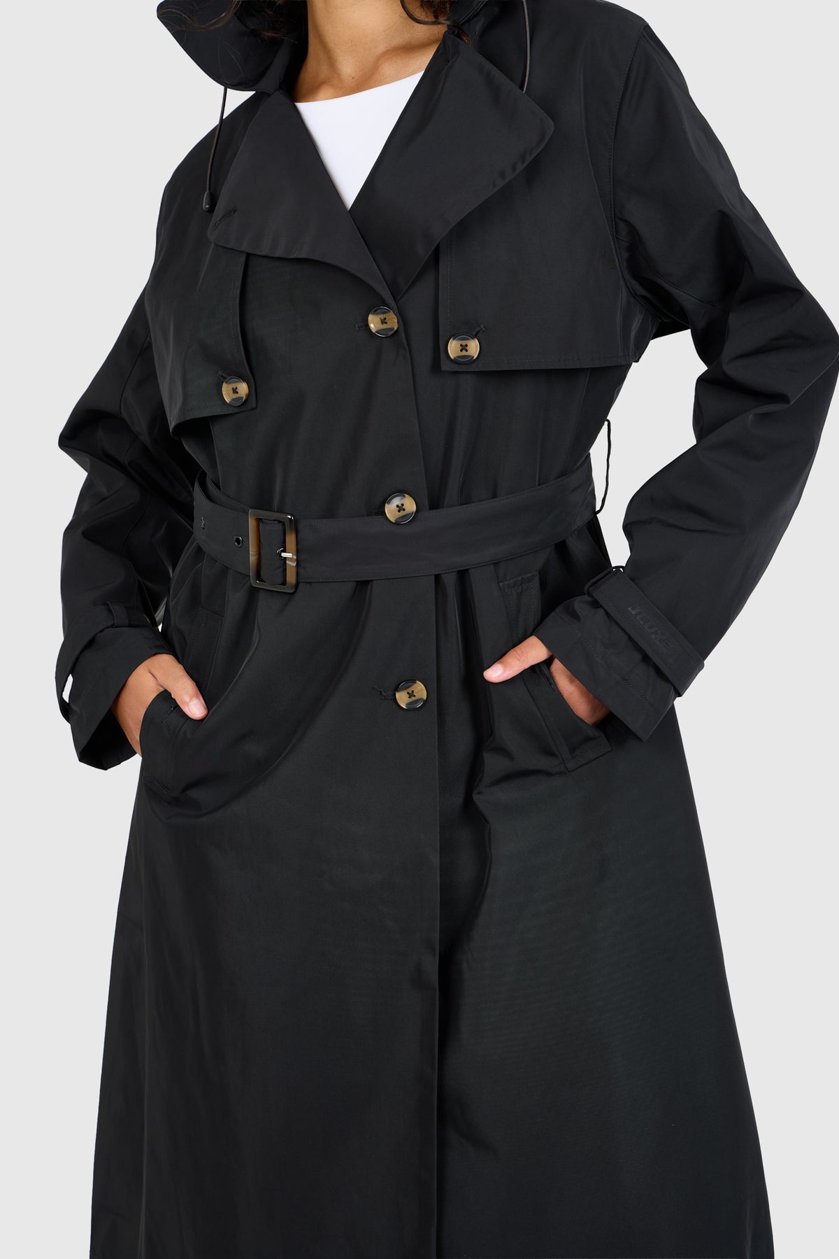 Signature Water-Resistant Hooded Black Trench Coat