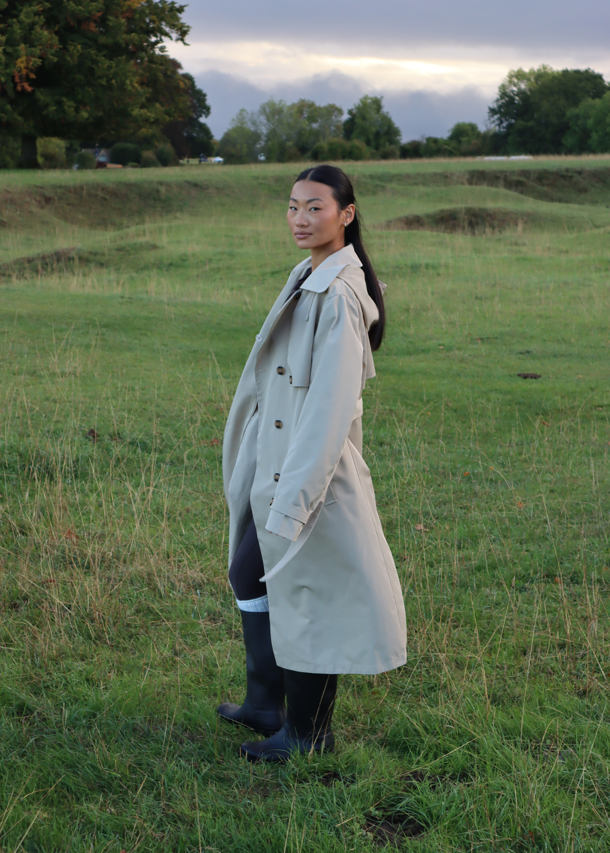 Signature Water-Resistant Hooded Stone Trench Coat