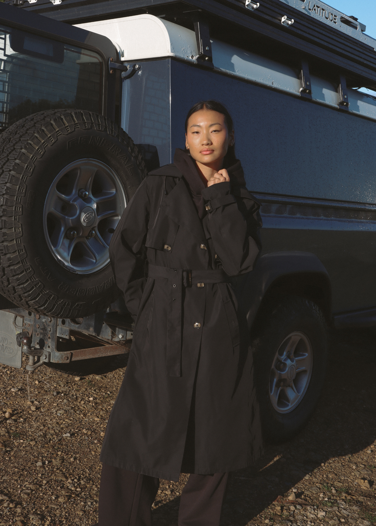 Signature Water-Resistant Hooded Black Trench Coat