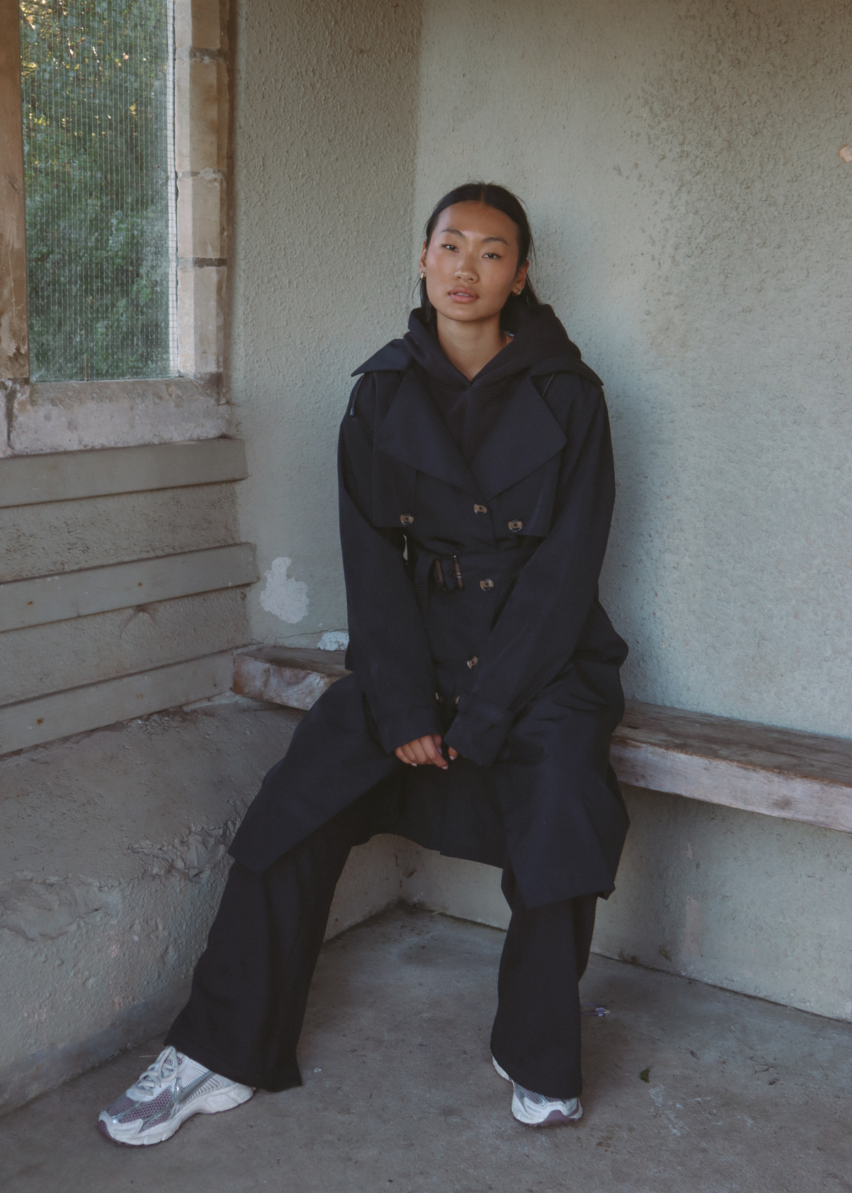 Signature Water-Resistant Hooded Black Trench Coat