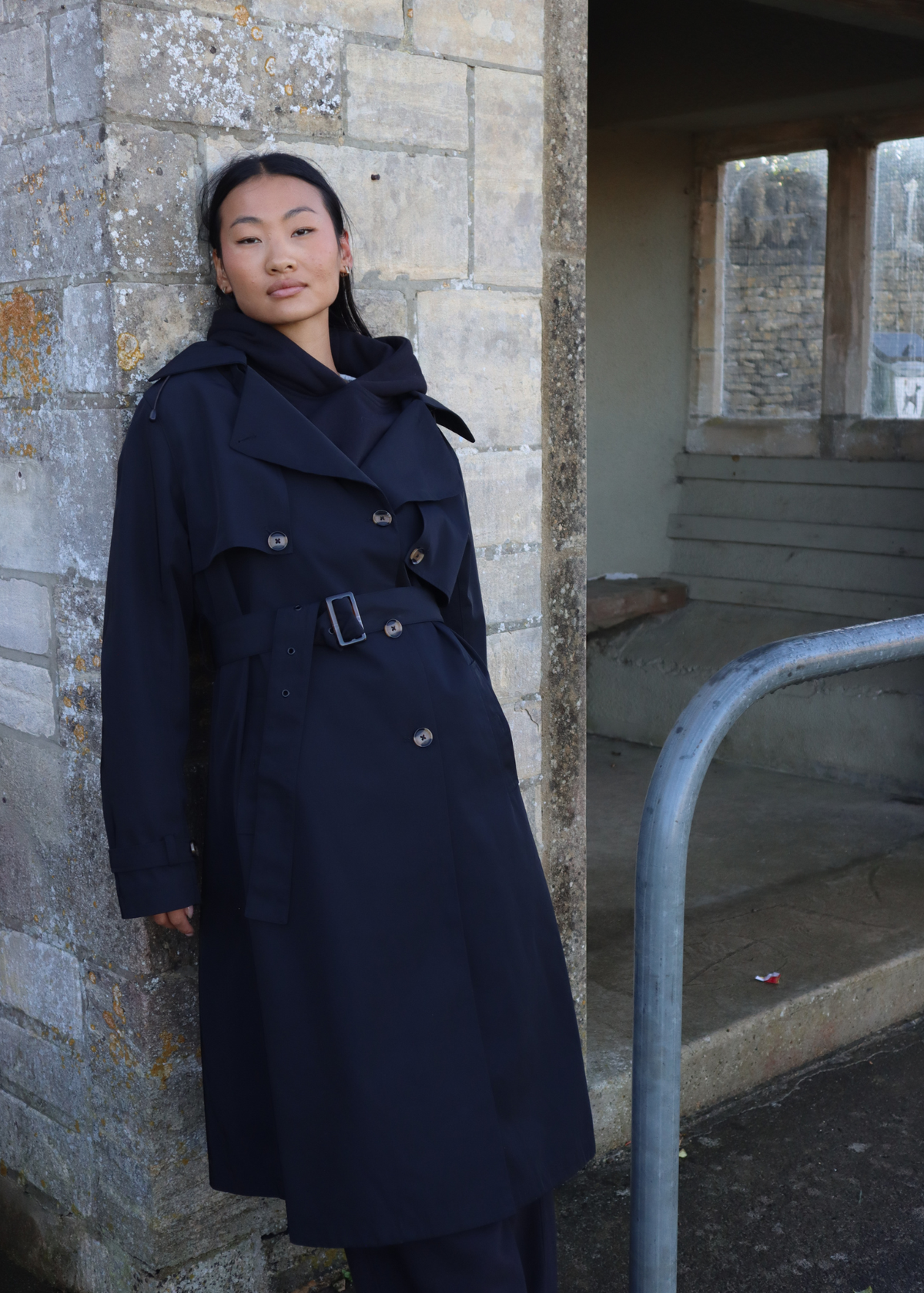 Signature Water-Resistant Hooded Black Trench Coat