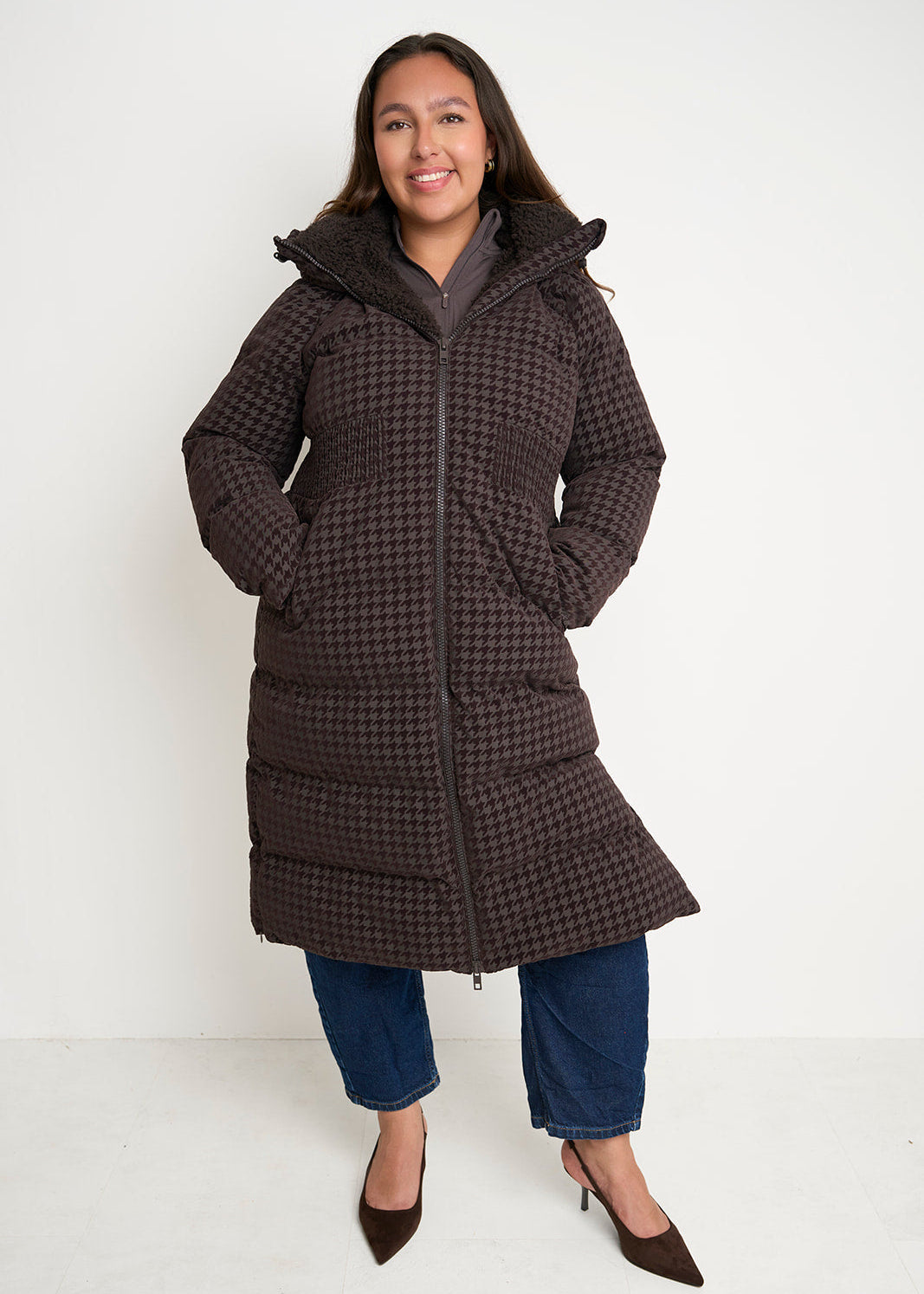 Contour Longline Coffee Houndstooth Puffer Coat