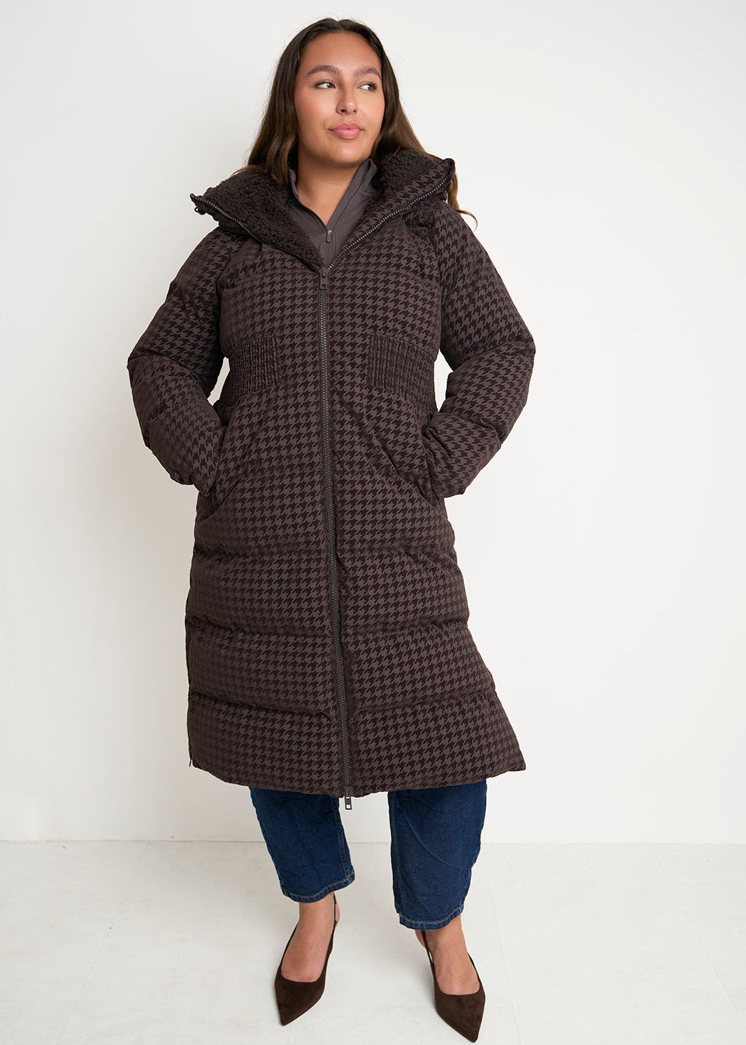 Contour Longline Coffee Houndstooth Puffer Coat