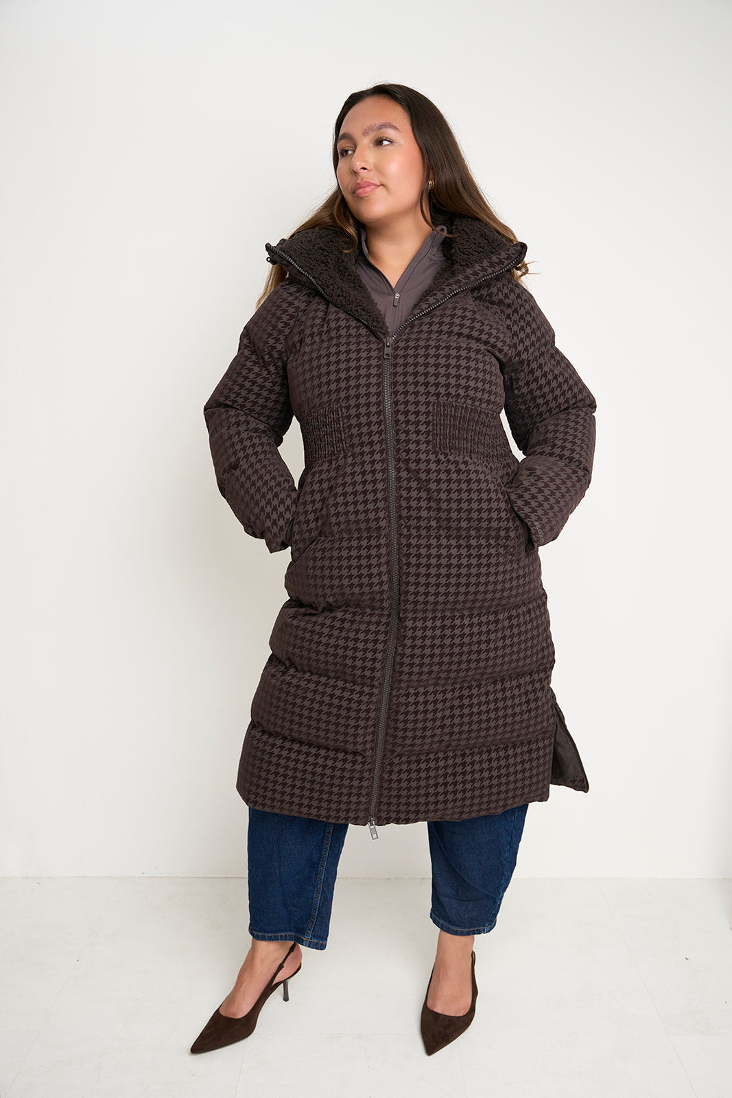 Contour Longline Coffee Houndstooth Puffer Coat