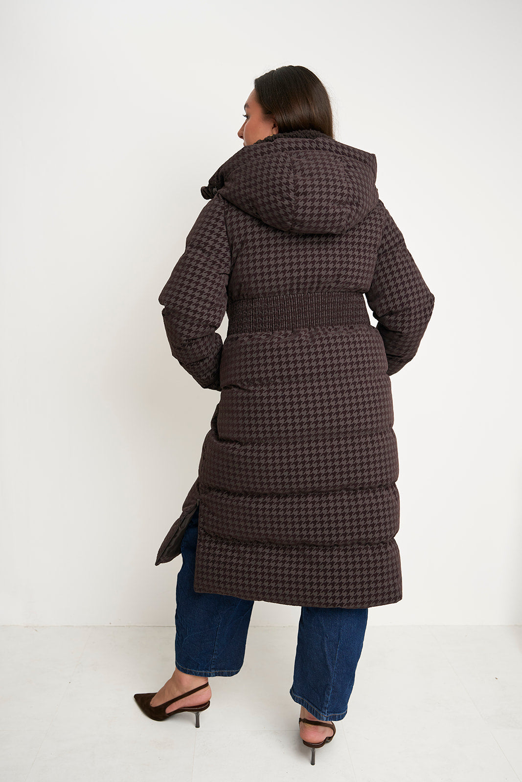Contour Longline Coffee Houndstooth Puffer Coat