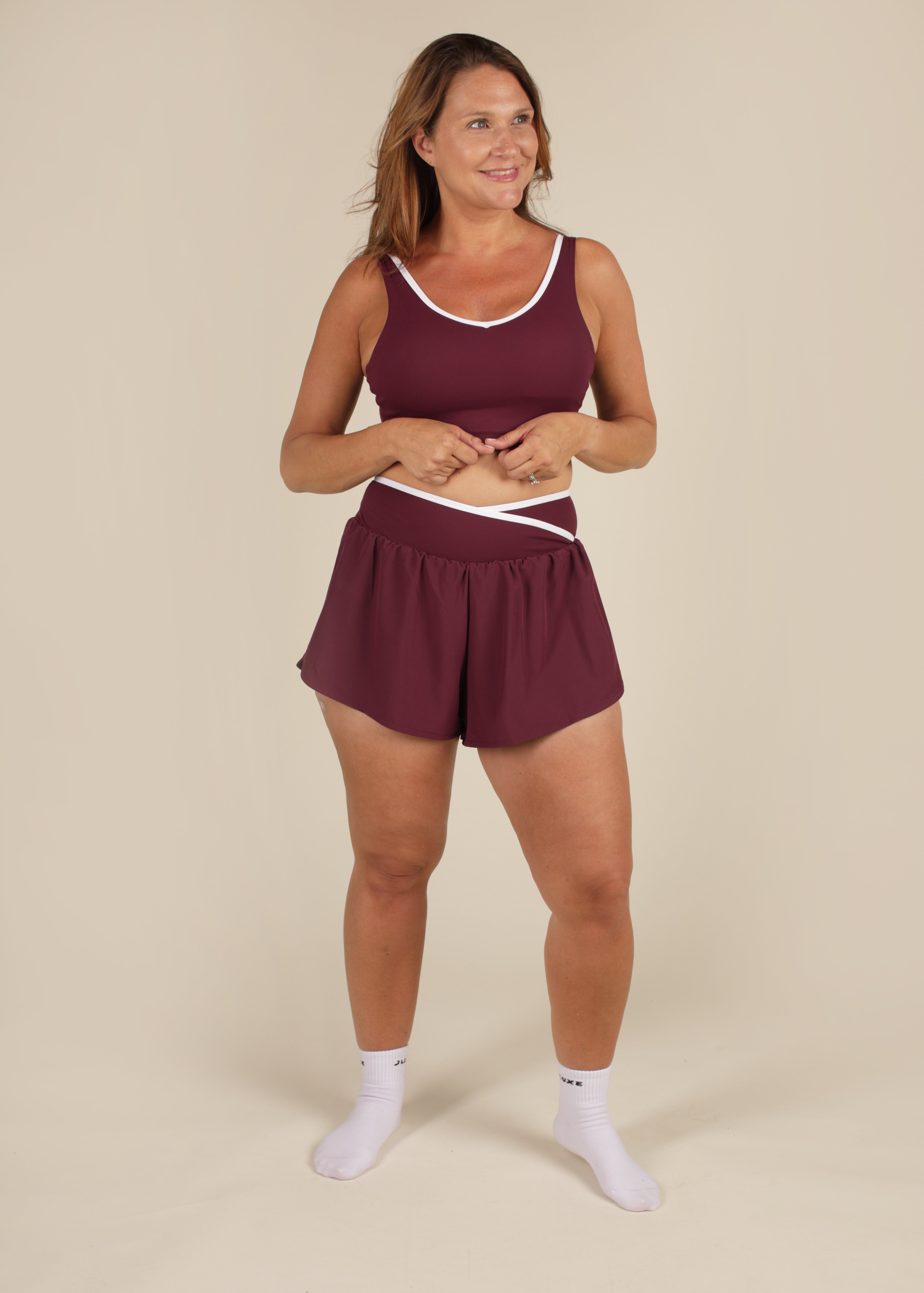 Cloud Luxe Plum Wrap Dual-Layer Shorts