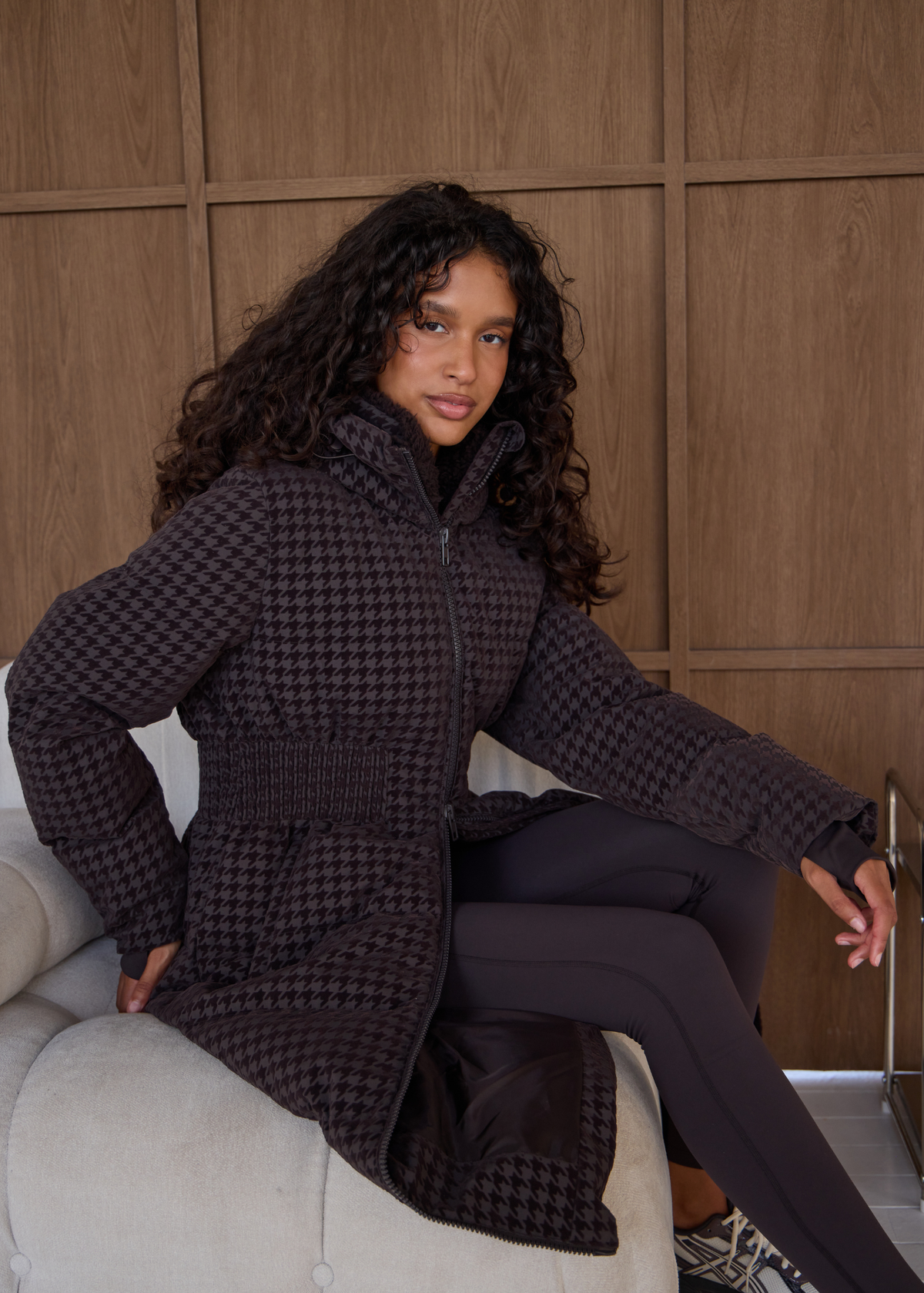Contour Longline Coffee Houndstooth Puffer Coat